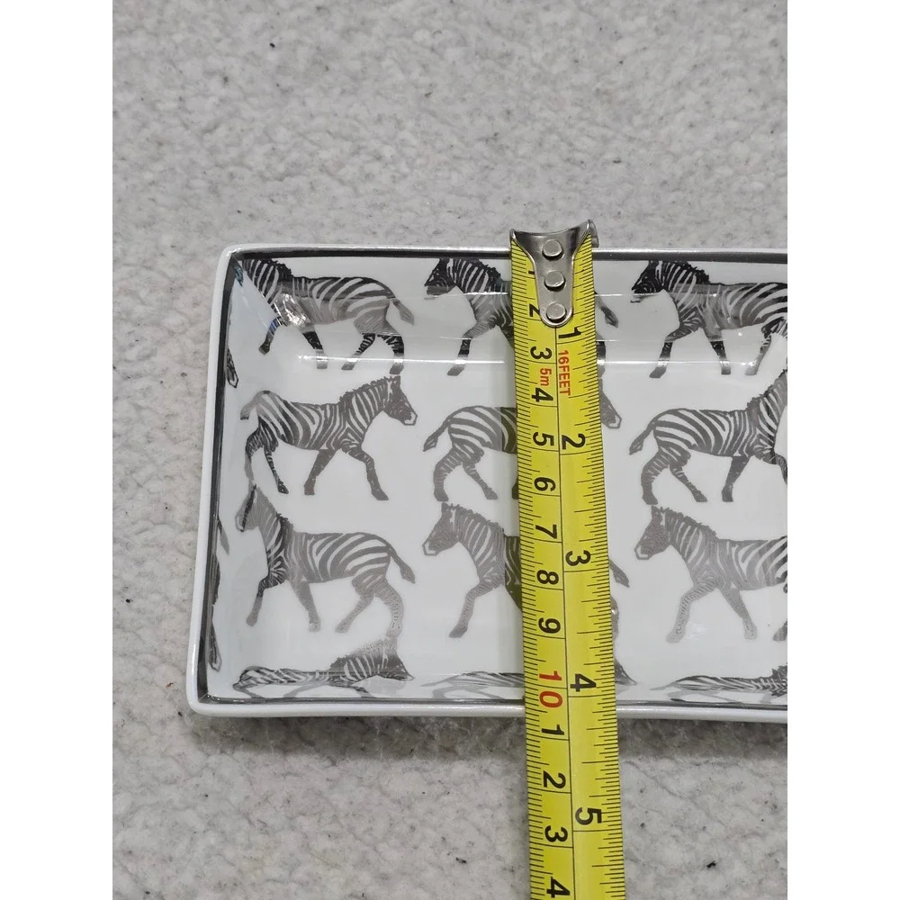 J.Crew Zebra Print Ceramic Trinket Tray Jewelry Dish Silver Trim White Black